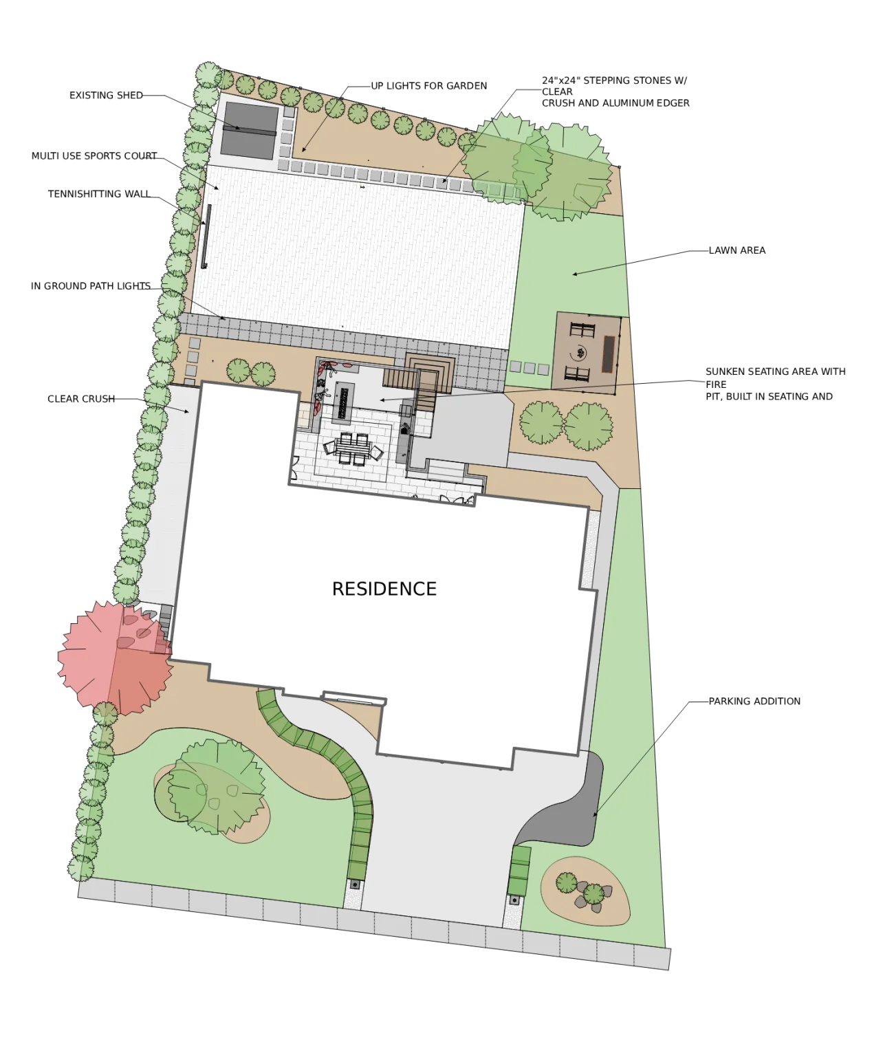 2D landscape design rendering of a finished outdoor space